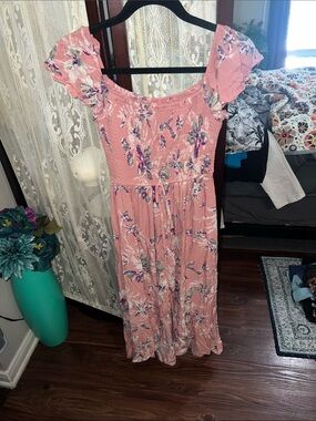 Xhilaration Pink Floral Maxi Dress with Puff Sleeves